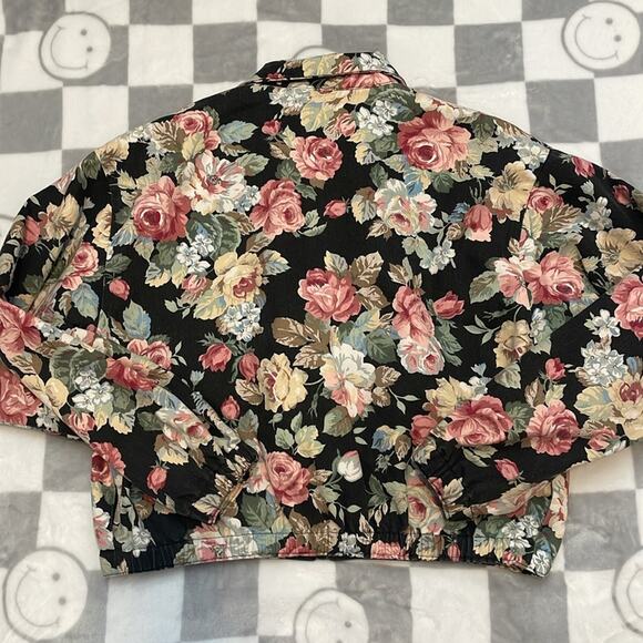 VTG TAPESTRY floral, denim collared, zip up bomber jacket pink black m - Picture 5 of 7